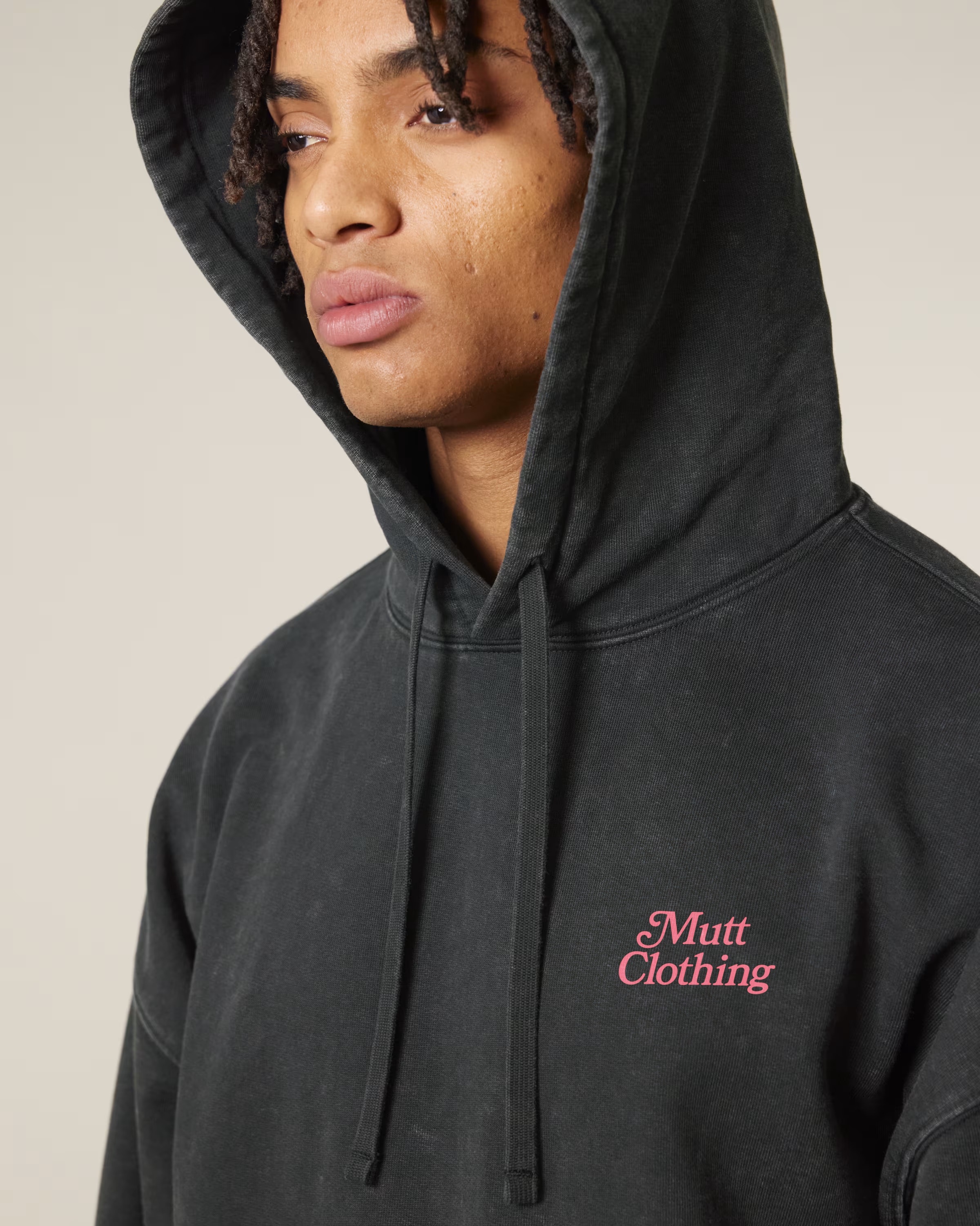 Mutt Clothing — dark hoodie, Mutt Clothing italic script chest print